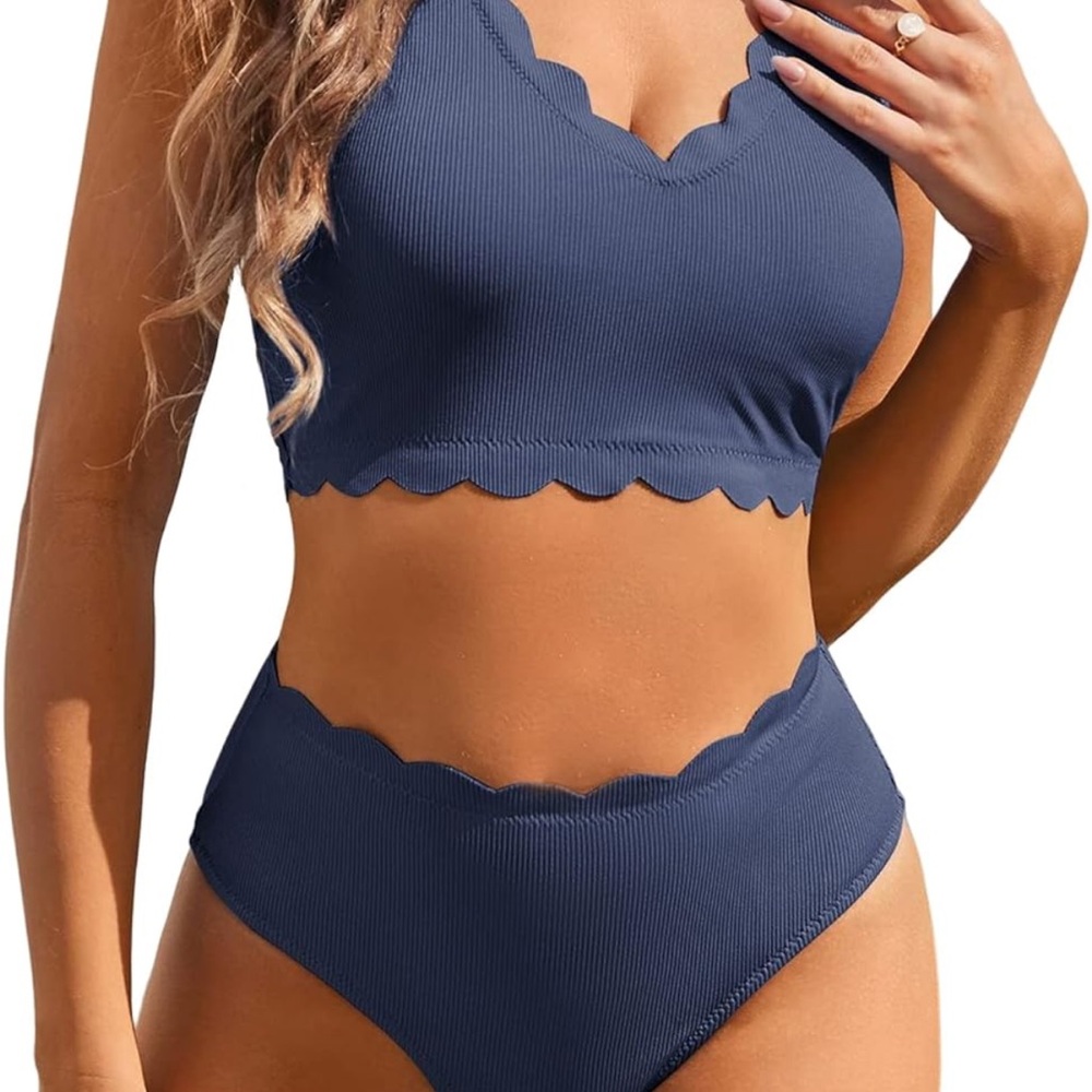 Zaful Blue Textured Scalloped Bikini
